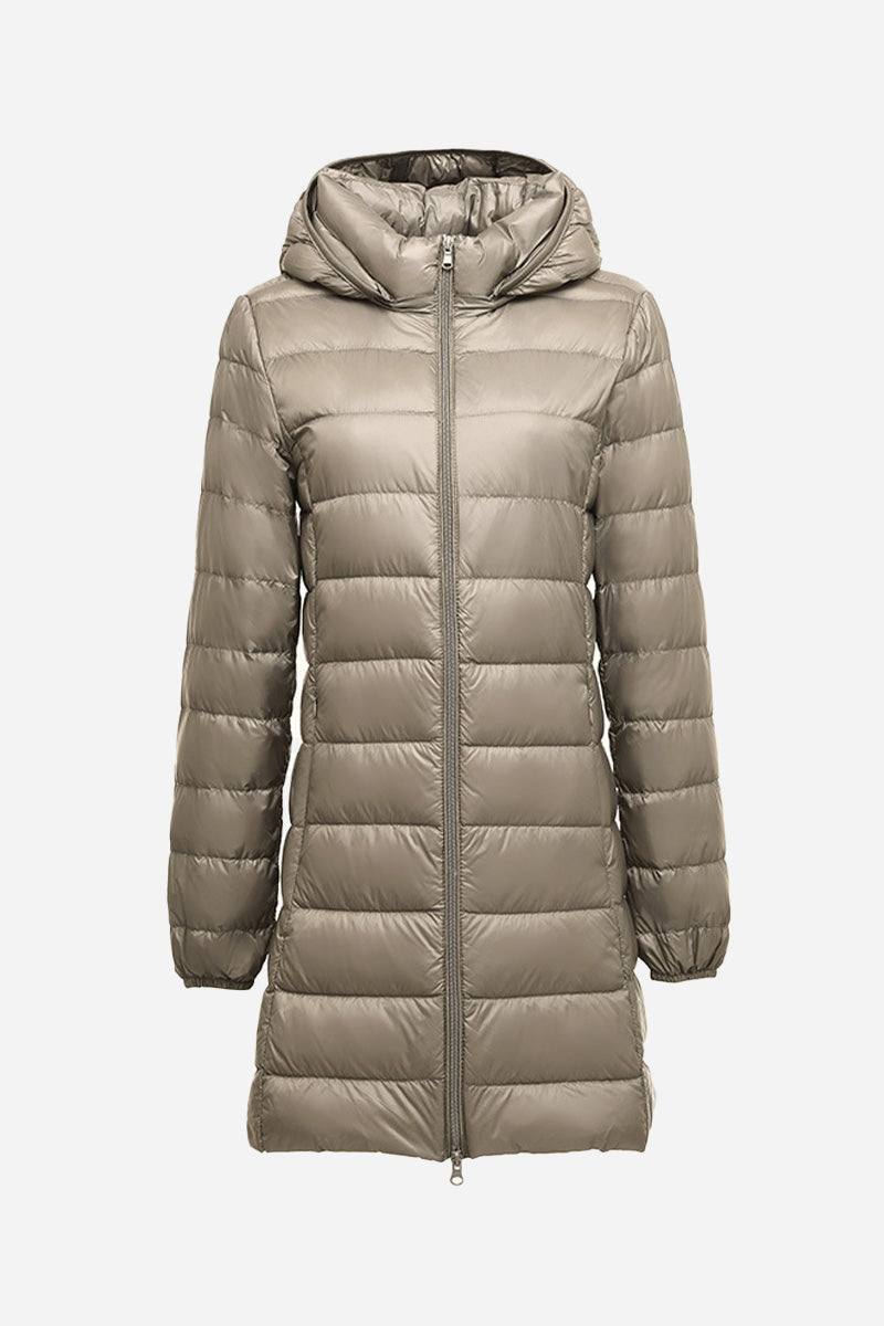 Women's lightweight water-resistant hooded puffer coat in taupe with full front zipper and quilted design