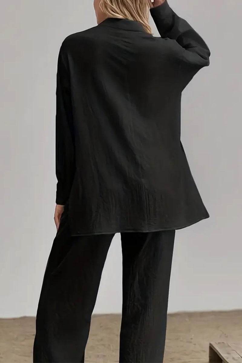 Black cotton-linen two-piece set with relaxed fit and natural breathable fabric