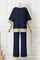 Dual-tone 3/4 sleeve two-piece set in navy and beige with relaxed fit and cotton blend fabric