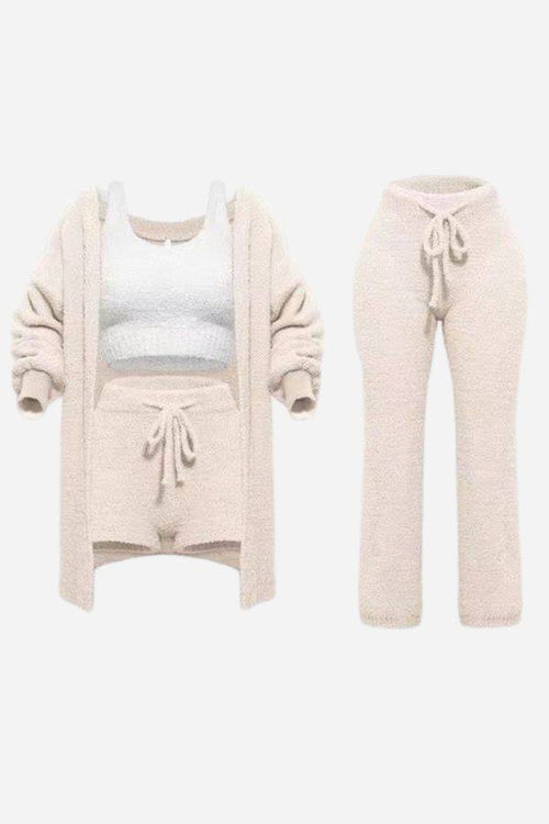 Cloud Soft 4-Piece collection with cozy cardigan, tank top, shorts, and pants in soft beige fabric