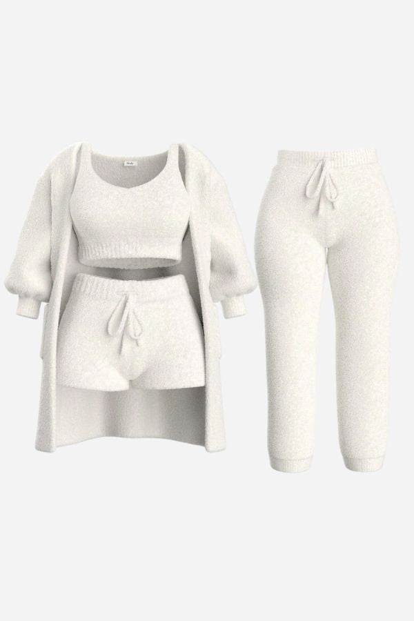 Cloud Soft 4-Piece lounge set with soft fabric cardigan, cropped top, shorts, and pants in light grey
