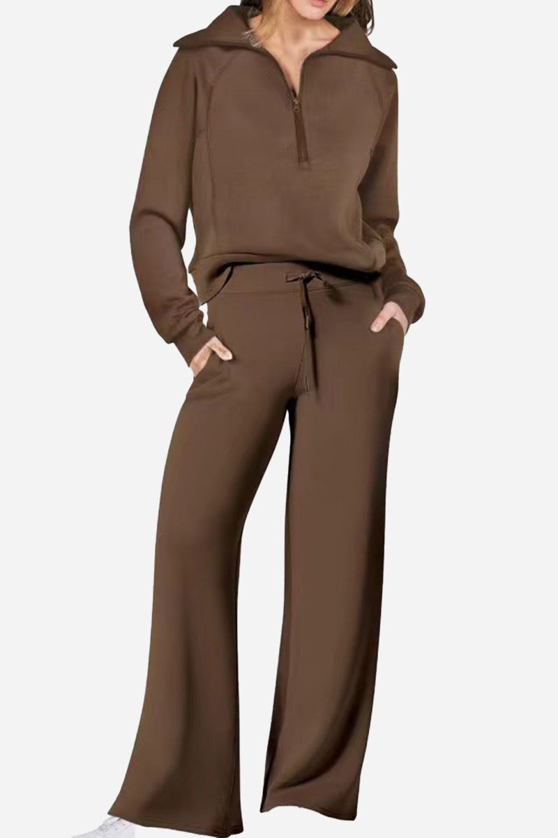 Brown Loungewear Buttersoft Tracksuit Set with zip-up top and relaxed wide-leg pants in ultra-soft fabric