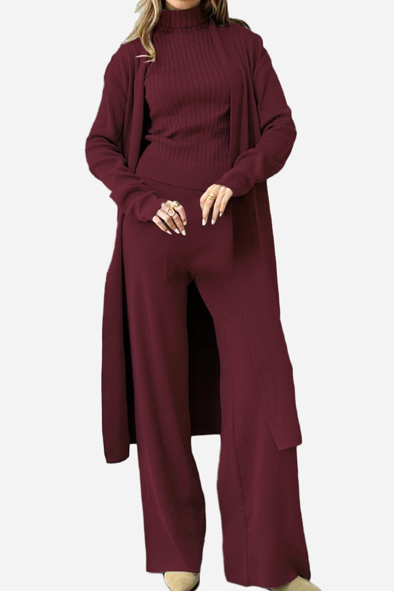 One size fits all burgundy three-piece collection with cardigan, top, and pants in soft, wrinkle-resistant fabric