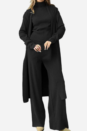 Elegant black three-piece collection with cardigan, ribbed top, and wide-leg pants in one-size-fits-all design
