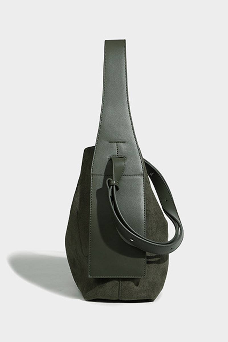 Dark green suede Vintage Charm Bag with dual-length straps and spacious design for everyday use