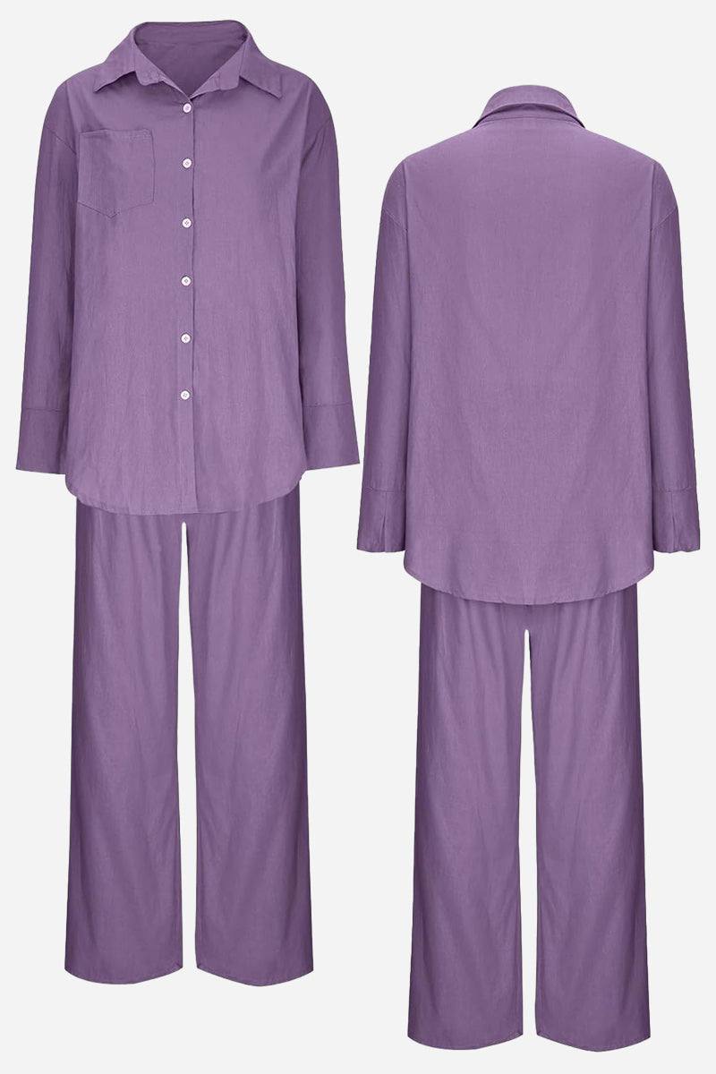 Purple Vacation Essentials Cotton Set with relaxed fit button-up shirt and wide-leg pants shown front and back