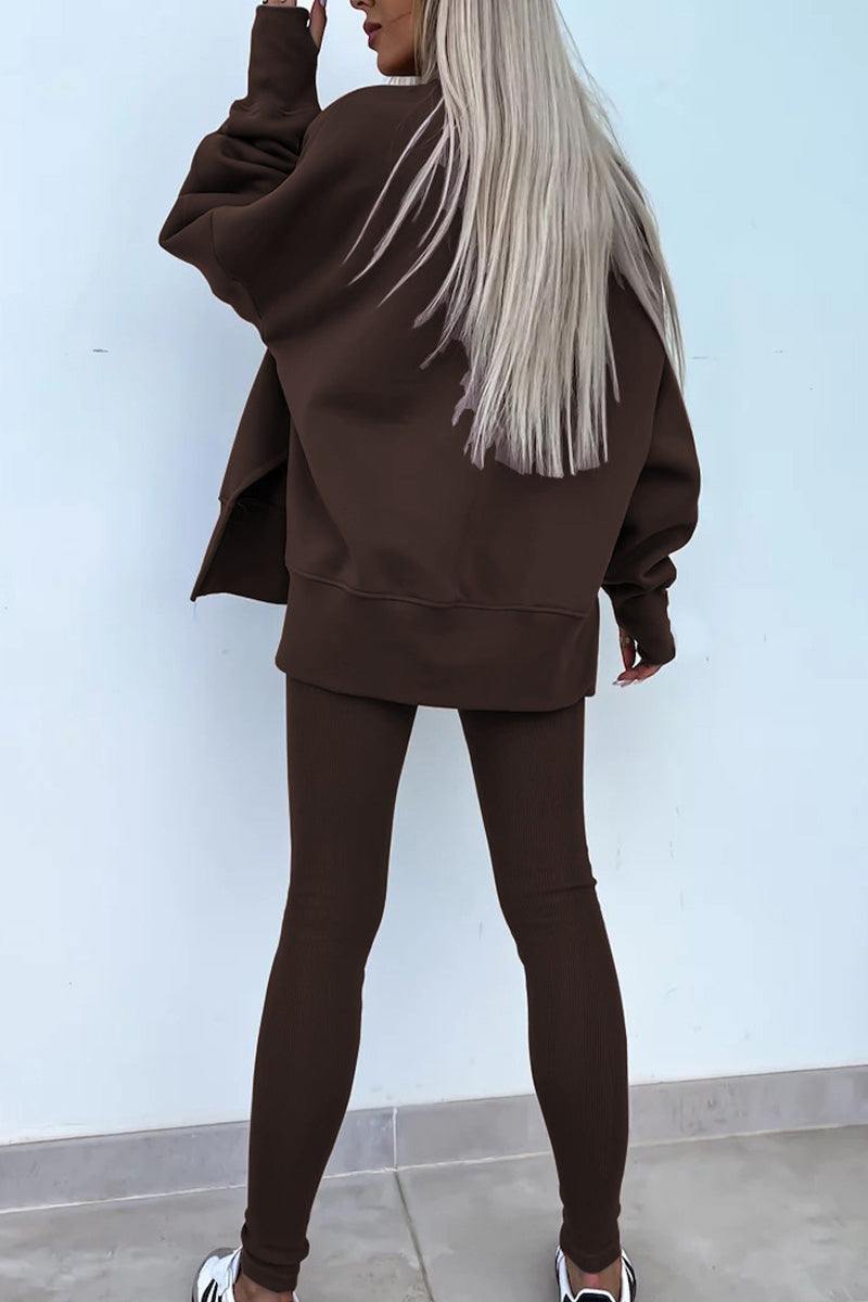 Woman wearing brown TimelessChic Ultra Comfortable Two-Piece Set with high-waisted leggings and oversized top