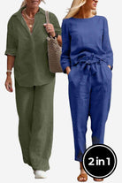 Two-piece Casual Chic Duo breathable cotton and linen sets for women, mix and match outfits in olive green and navy blue