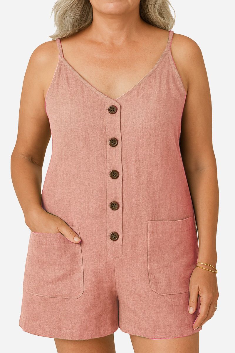 Woman wearing 100% pure linen breathable natural comfort button-front jumpsuit with pockets in dusty pink