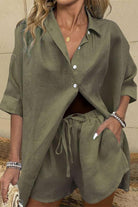 Woman wearing Coastal Linen Cotton two-piece olive green button-up shirt and shorts set