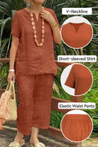 Woman wearing rust-colored breezy cotton blend two-piece set with V-neck short-sleeved shirt and elastic waist pants.