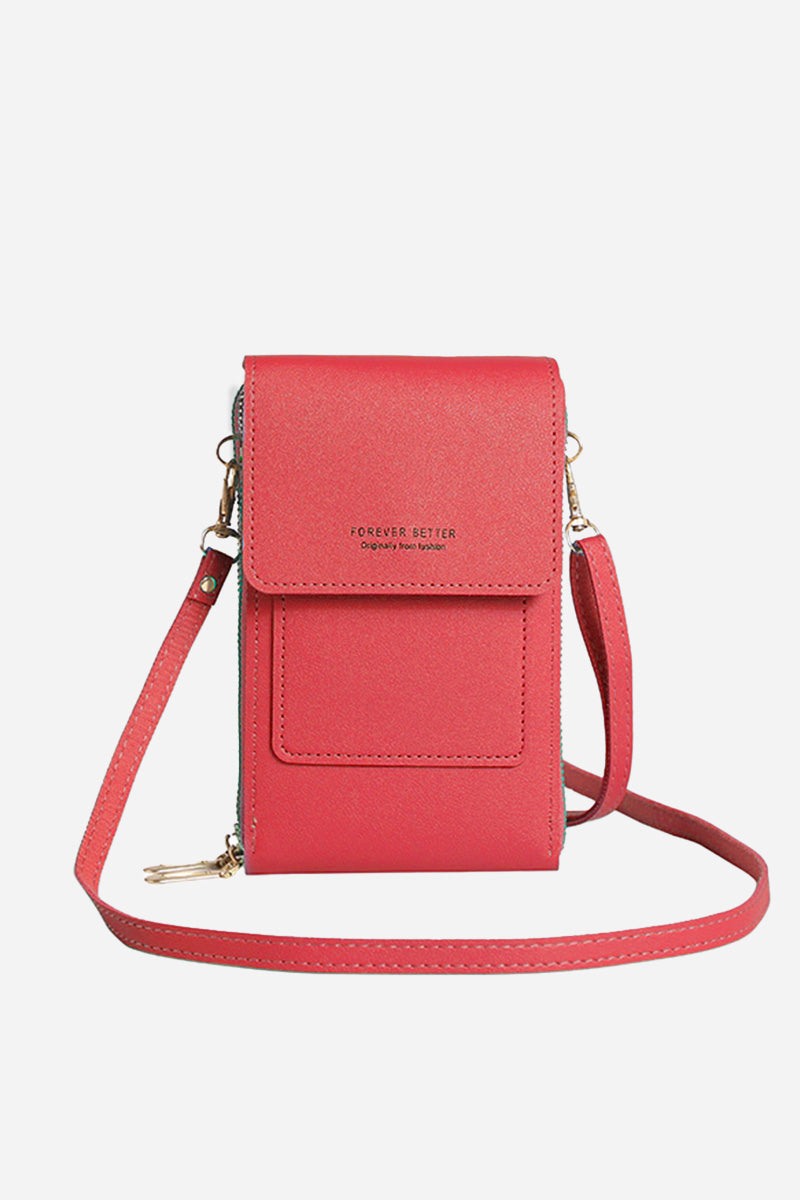Red anti-theft travel crossbody phone pouch made of durable PU leather with adjustable strap