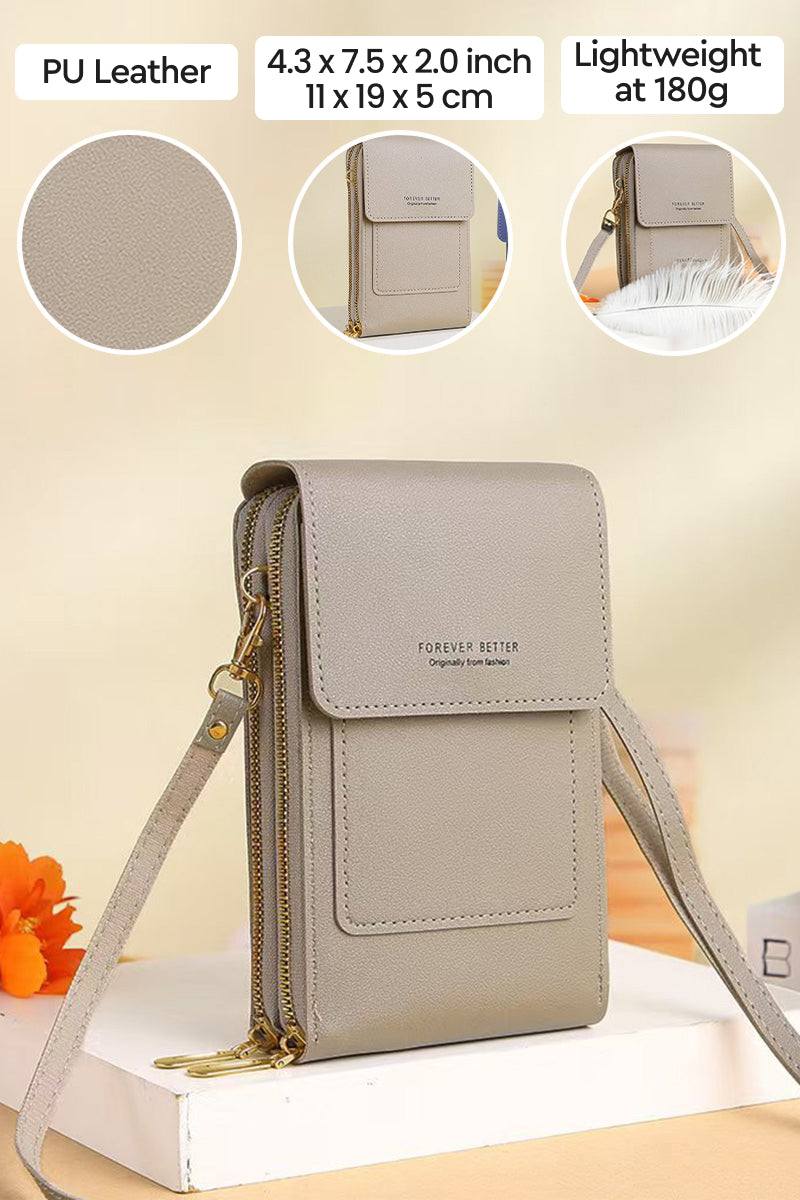 Anti-Theft Travel Crossbody Phone Pouch in beige PU leather with adjustable strap and secure zip compartments