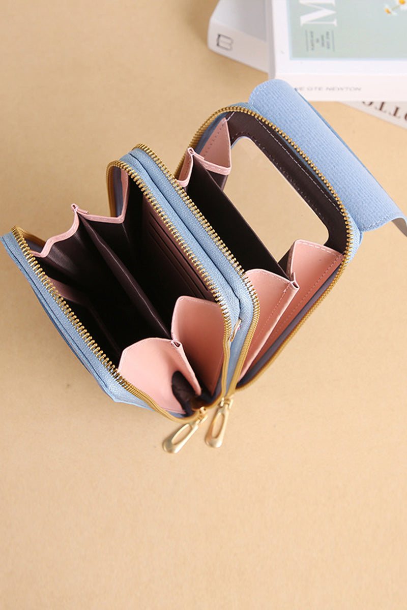 Compact anti-theft travel crossbody phone pouch with PU leather and multiple compartments.