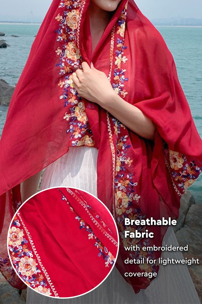 Red embroidered travel-must shawl with floral detailing, lightweight and breathable fabric, versatile wrap for sun protection and style