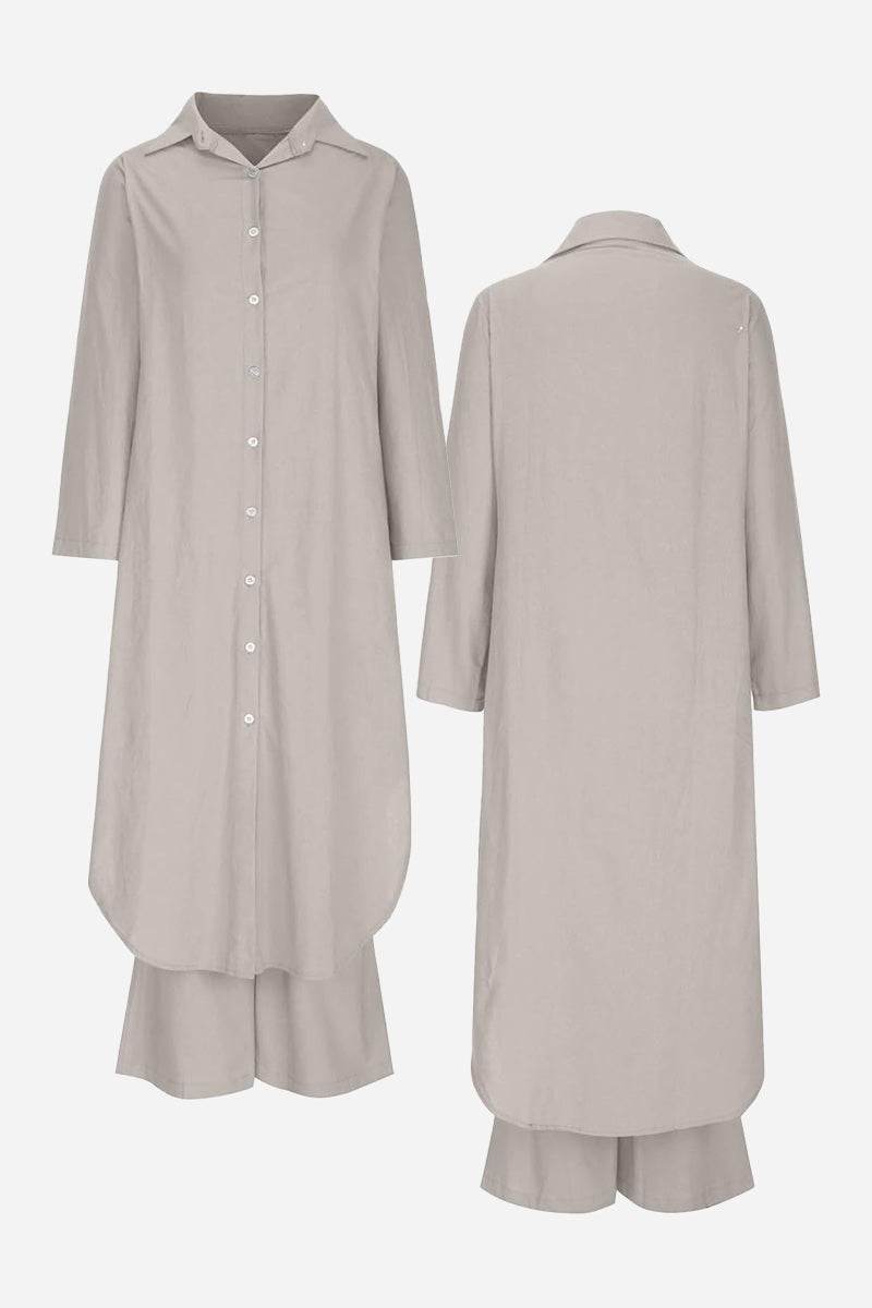 Refined Comfort coordinated wide-leg two-piece set in soft beige polyester with long button-up top and flowing pants