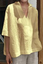Light yellow relaxed fit cotton-linen V-neck shirt with half sleeves