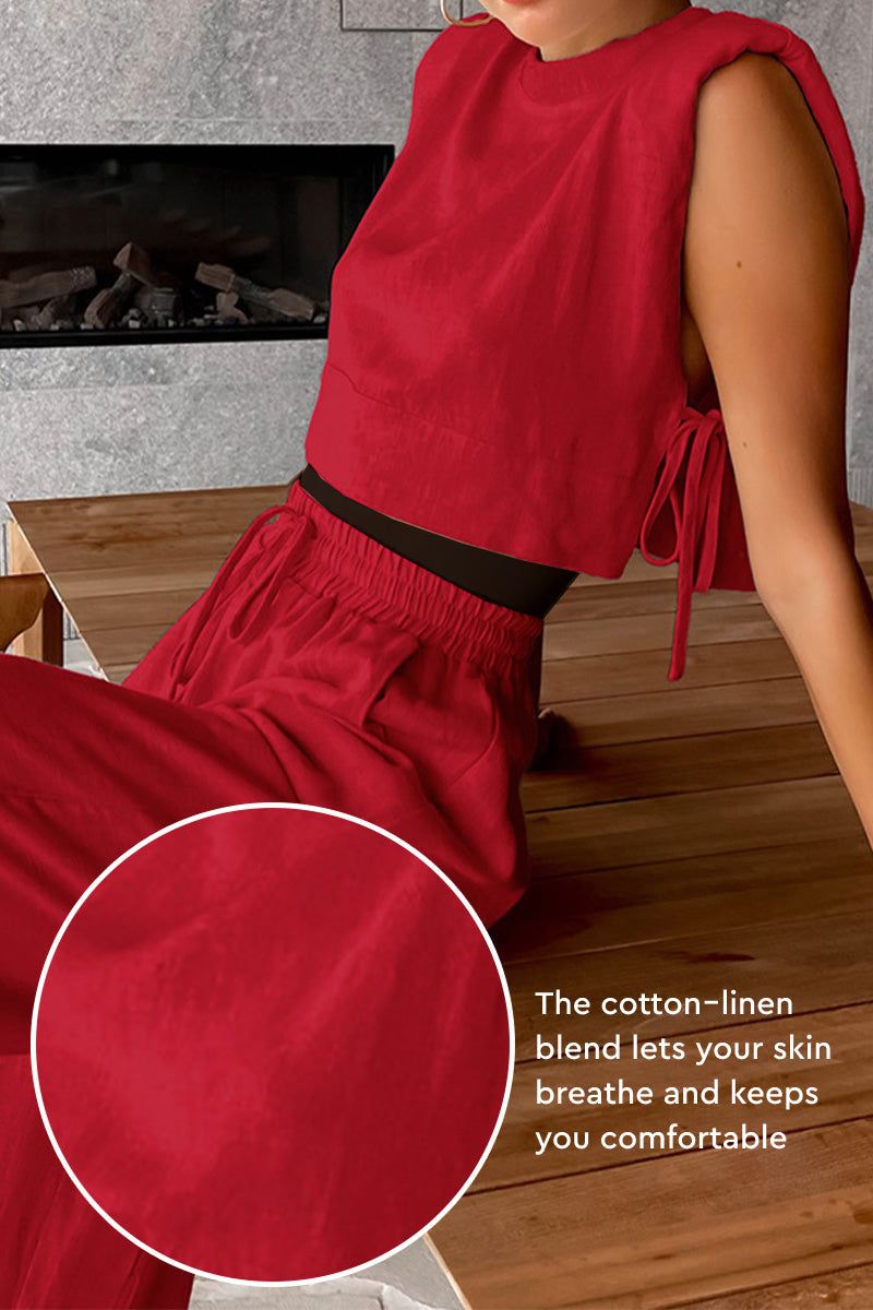 Breathable cotton-linen blend red two-piece sleeveless top and pants set for comfortable warm weather wear