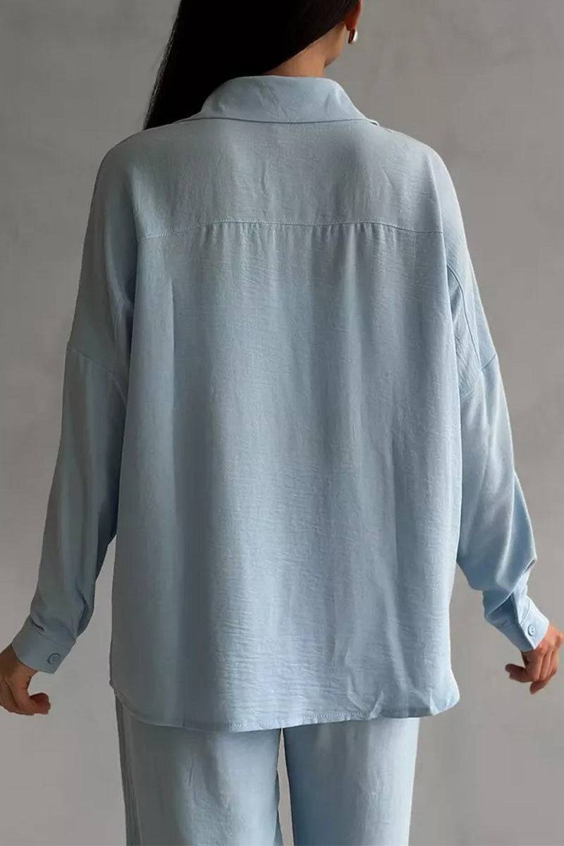 Light blue relaxed fit wide-leg two-piece set in wrinkle-resistant fabric perfect for travel and casual outings