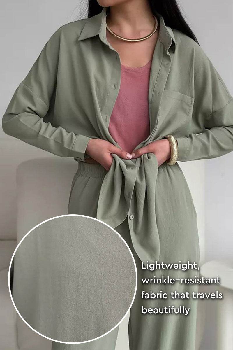 Lightweight wrinkle-resistant wide-leg two-piece set in muted green for travel and casual wear