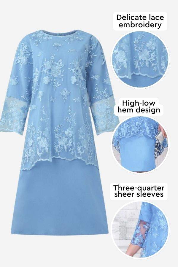 Blue two-piece evening dress with elegant lace details, delicate embroidery, high-low hem, and three-quarter sheer sleeves