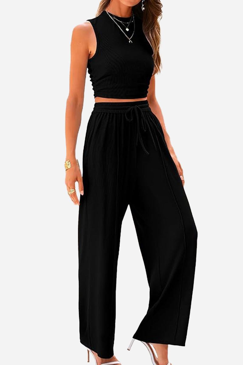 Black Stroll & Hangout Ribbed Knit two-piece set with sleeveless crop top and wide-leg pants