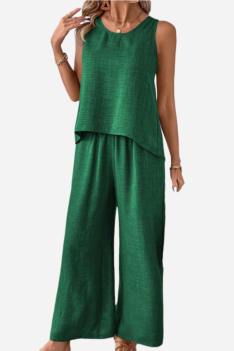 Dreamcatcher Crochet-Back green two-piece set with sleeveless top and wide-leg palazzo pants