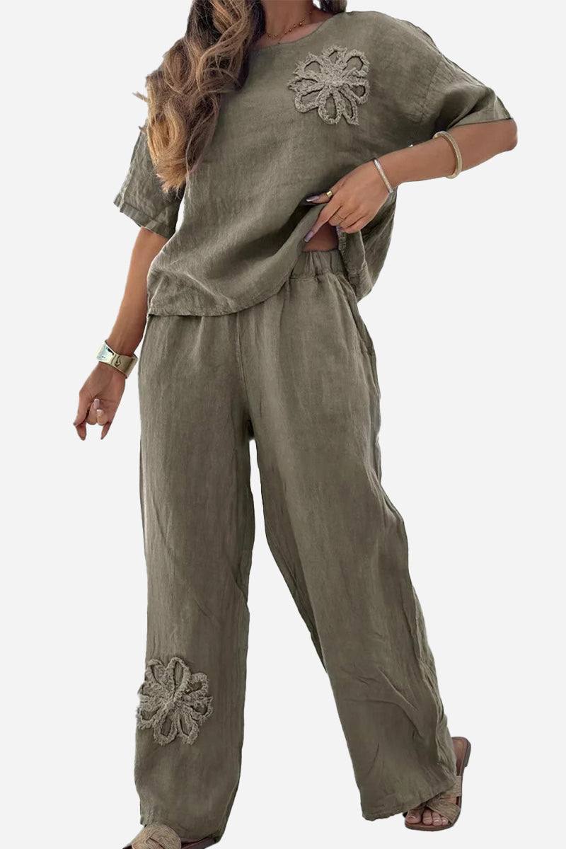 Olive green breathable two piece set with floral embroidery and relaxed fit for comfortable all-day wear
