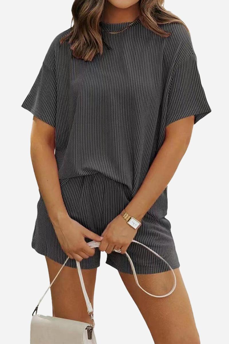Women's casual short-sleeve striped top and shorts set for slow mornings