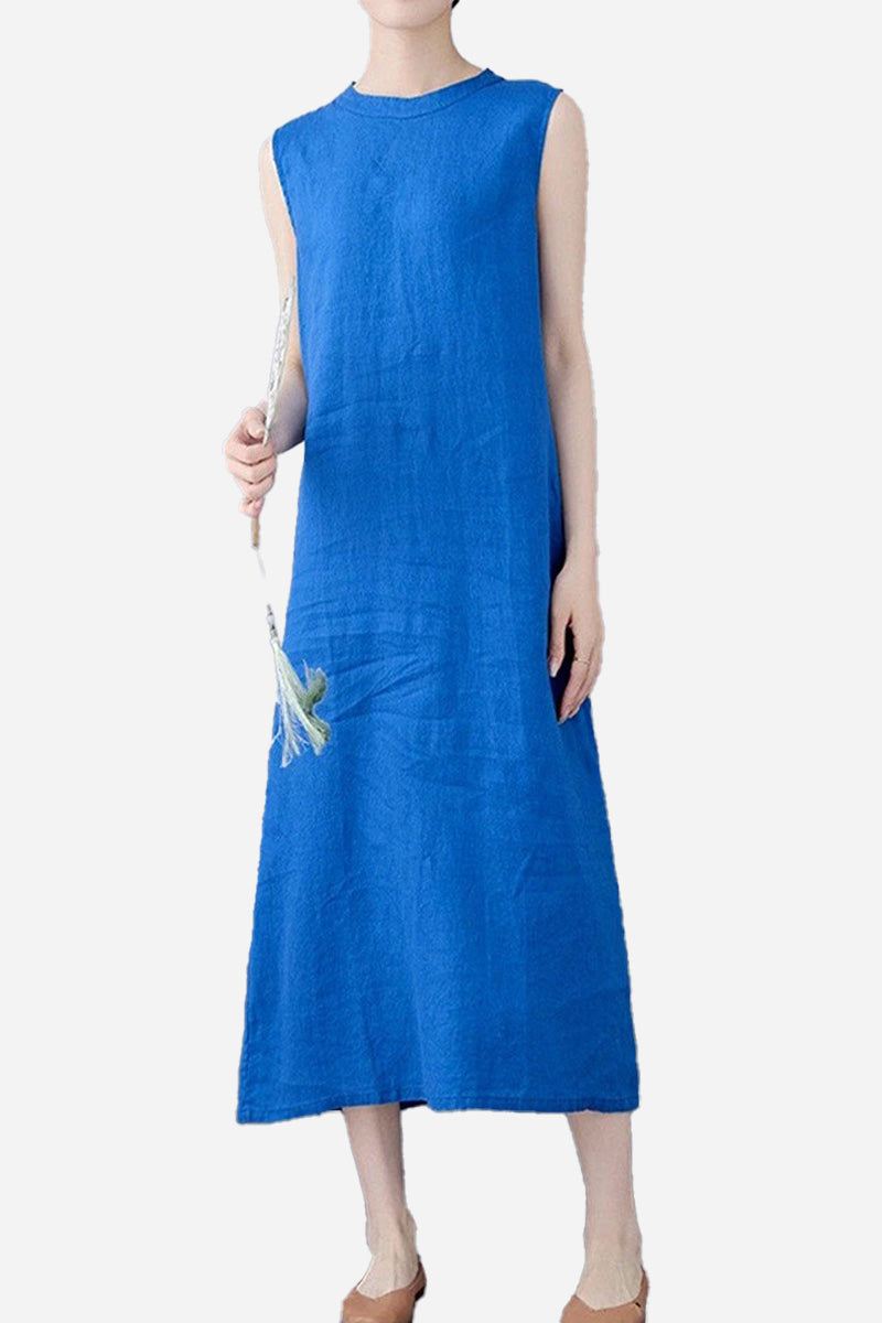 Sunrise Market 100 Linen Midi Dress in blue sleeveless breathable A-line linen fabric summer dress