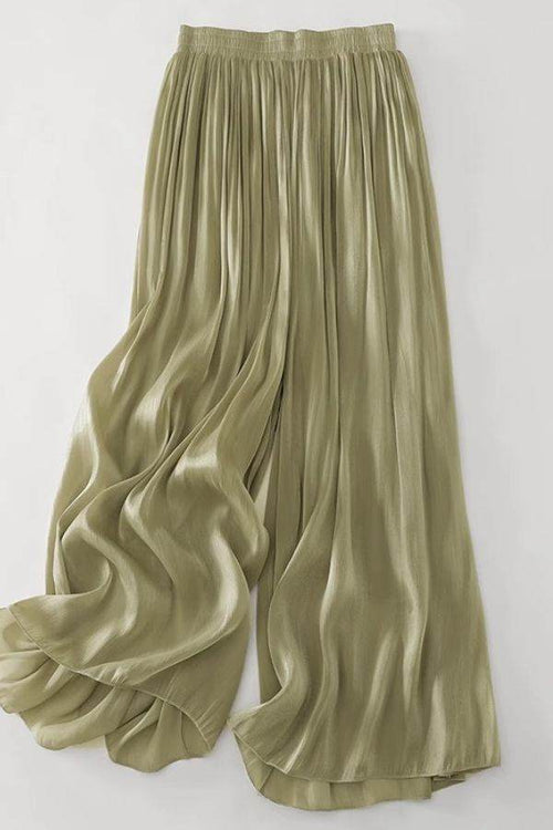 Garden Soirée cotton-silk blend wide-leg pleated trousers with elastic waistband in soft olive green