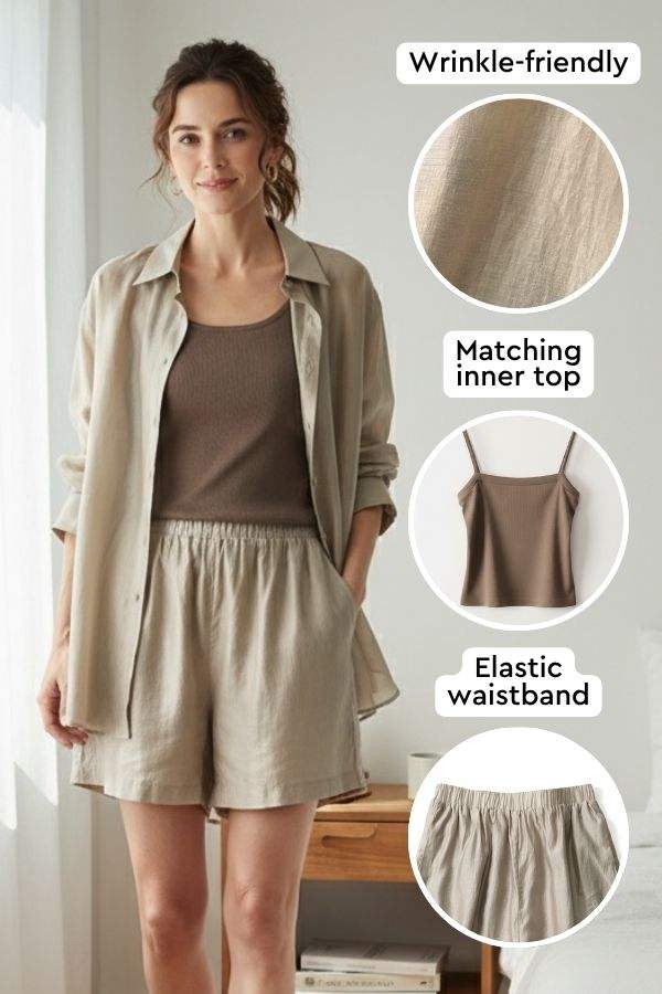 Soft Mornings wrinkle-free shirt and shorts set with matching inner top and elastic waistband in neutral tones