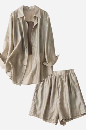 Soft Mornings wrinkle-free beige shirt and shorts set with inner tank top, breathable soft polyester fabric, casual and versatile summer outfit