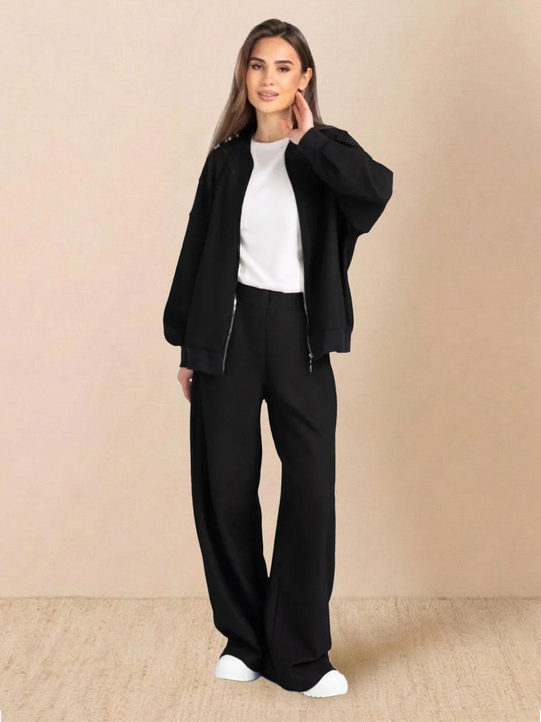 Comfortable Easy Airport Lounge Set with zip-front jacket and wide-leg pants in soft cotton-blend fabric
