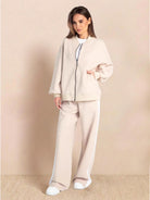 Easy Airport Lounge Set women's two-piece cotton-blend travel outfit with zip-front jacket and wide-leg pants