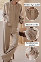 Quiet Comfort Everyday two-piece set with henley button hoodie, wide-leg pants, and side pockets in soft ribbed knit fabric.