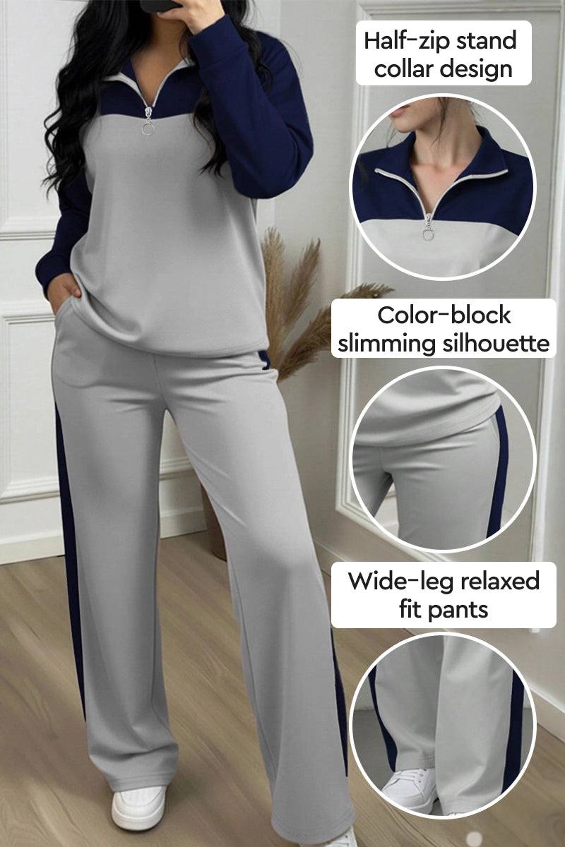 Colorblock Comfort Leisure Set women's winter two-piece outfit with half-zip stand collar, color-block slimming top, and wide-leg relaxed pants in navy and gray