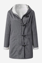 Grey warm toggle button hooded coat with sherpa lining and faux suede exterior