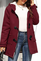 Women's warm toggle button hooded coat with faux suede exterior and sherpa lining in burgundy