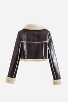 Cropped faux leather sherpa jacket with cream trim and soft sherpa lining