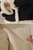 Cropped faux leather jacket with soft cream sherpa lining and trim, warm and stylish for everyday wear