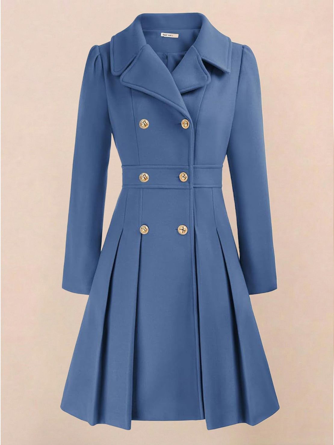Fit & Flare Trench Coat with tailored waist, A-line silhouette, double-breasted buttons, and smooth satin lining.