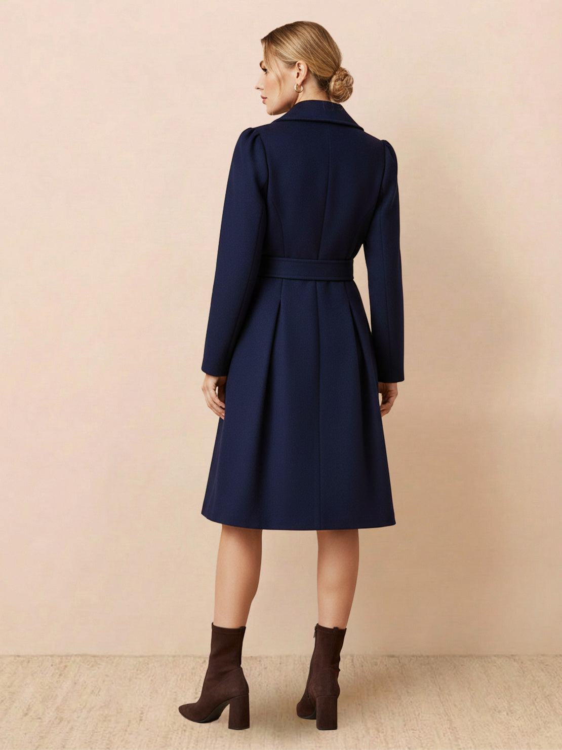 Tailored fit and flare trench coat with pleated hem and smooth lining