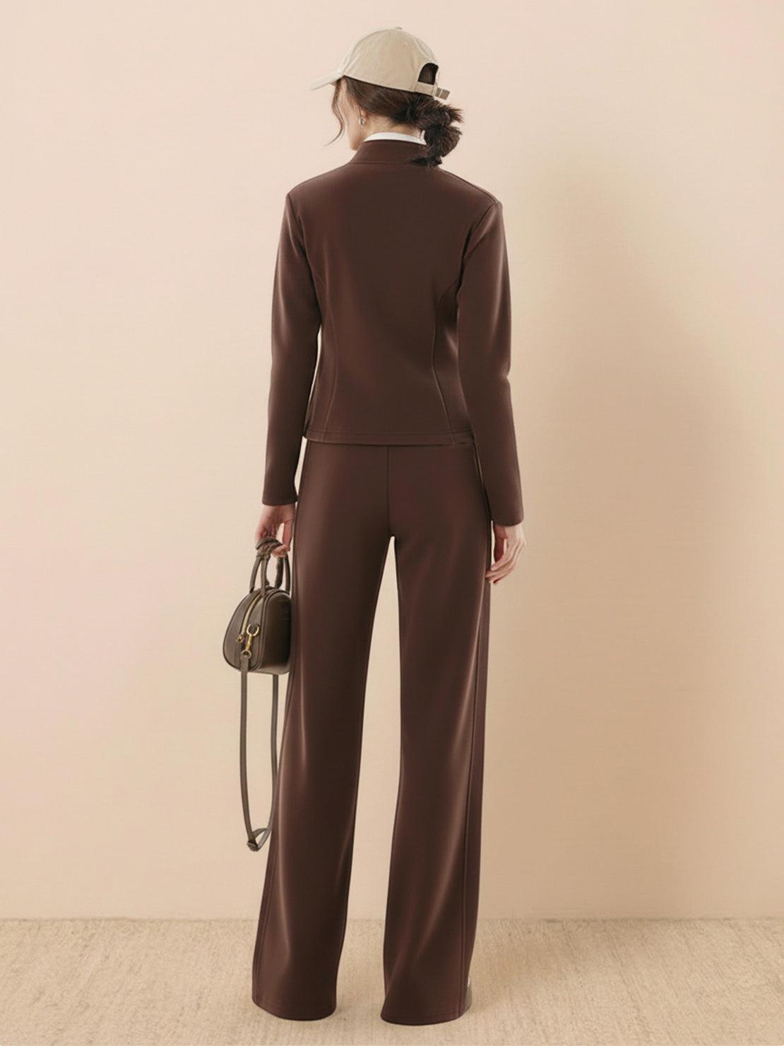 Nano-fleece zip two-piece set with hip-length jacket and wide-leg pants in soft, wrinkle-resistant fabric