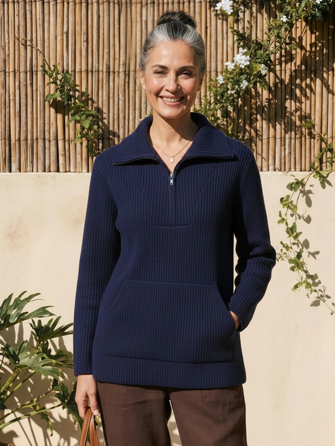 Half-Zip waffle knit pullover with kangaroo pocket and fold-over collar in neutral tone