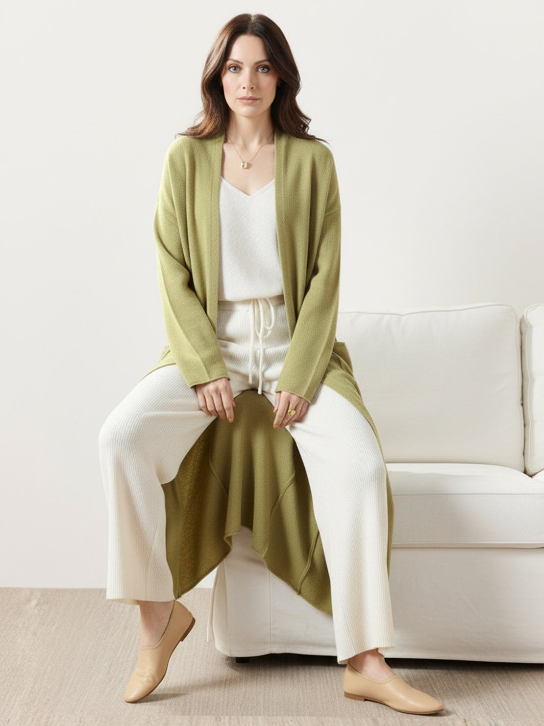 Long Australian Merino Wool cardigan with open-front and pockets for layering