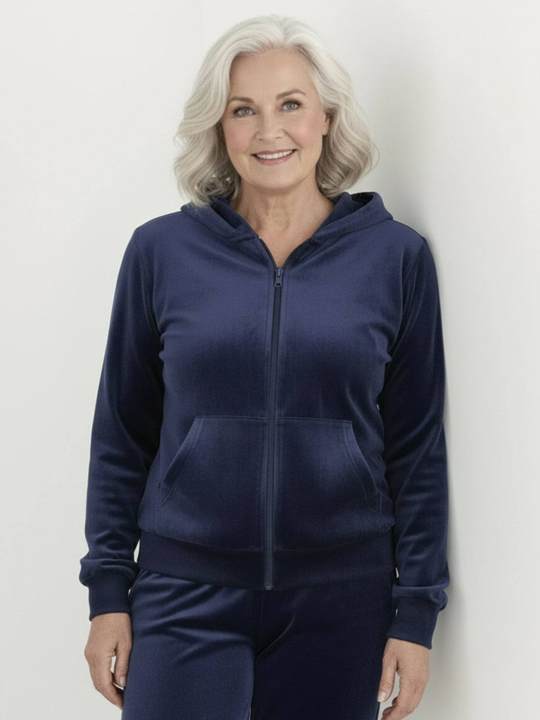 Plus size velour zip-up tracksuit with hoodie and straight-leg pants in soft, smooth fabric
