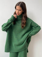 Soft-knit turtleneck two-piece set with relaxed fit and wide-leg pants