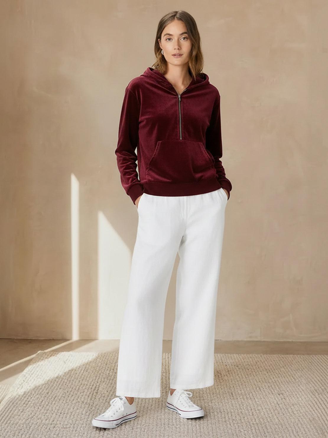 Ultra-soft velvet half-zip hoodie with kangaroo pocket and relaxed tunic fit