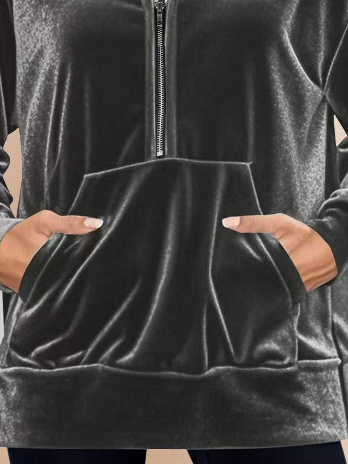 Ultra-soft velvet half-zip hoodie with plush texture and kangaroo pocket